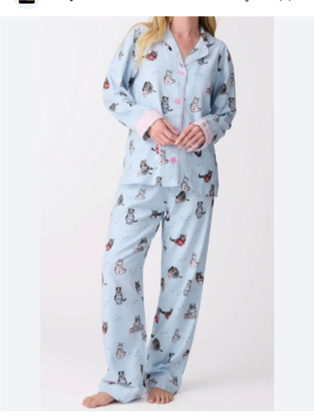 PJ Salvage Light Blue Cats and Coffee Print Flannel Pajama Set with Pink Trim